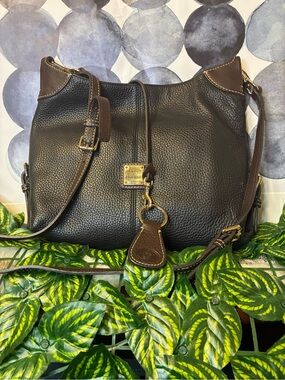 Dooney & Bourke Black Pebble Leather Shoulder Hobo with Brown Trim